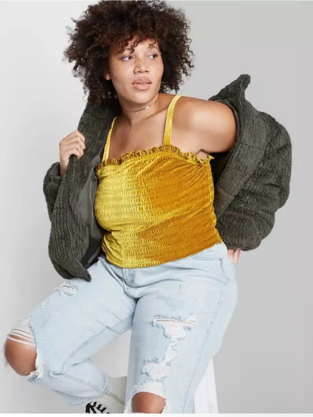 wild fable Smocked Velvet Cami Top in Mustard